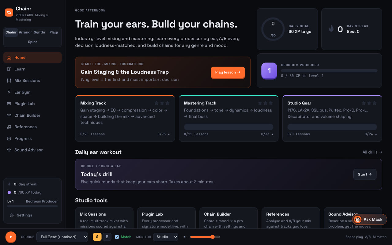 VIZON LABS home screen with mixing tracks, a daily ear workout and studio tools.